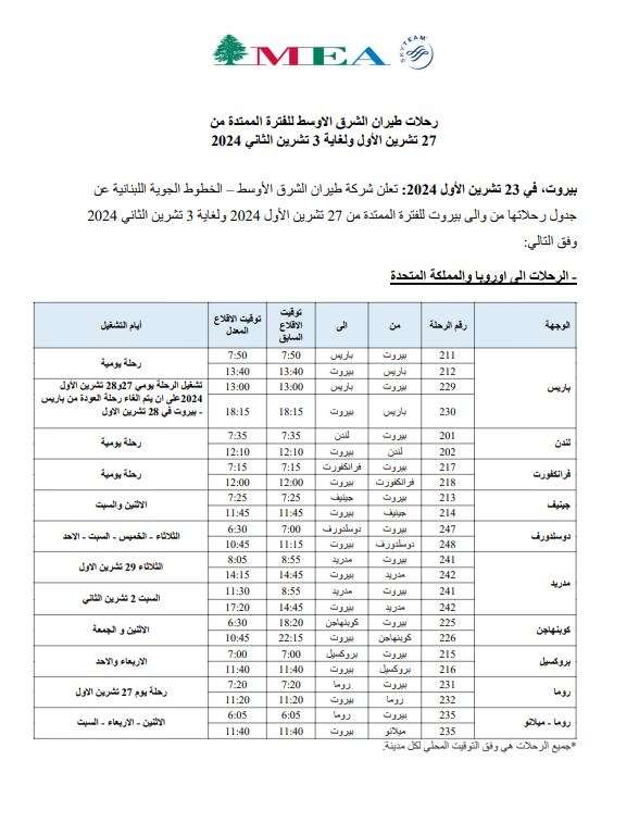 طيران الشرق الأوسط تعلن عن برنامج رحلاتها في هذه التواريخ